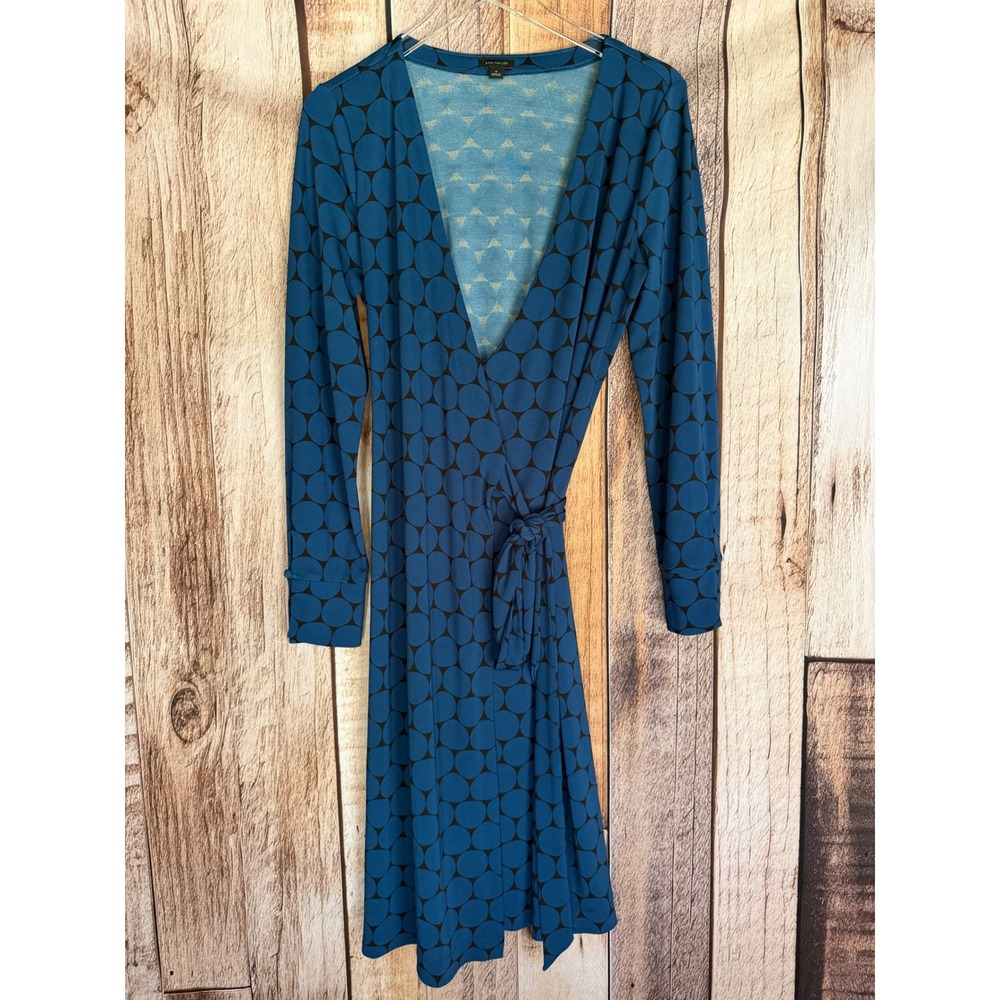 Ann Taylor Wrap Dress Geometric Print Blue Long Sleeve Midi‎ Versatile Size 10